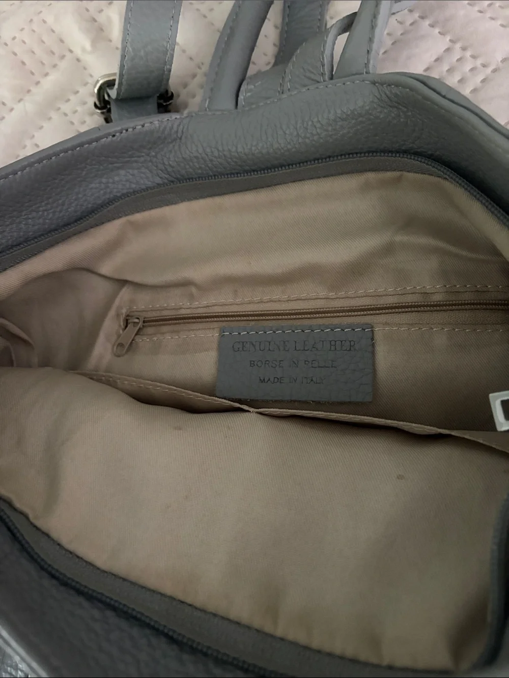 Pebbled Leather Fold-Over Backpack in Slate Blue-Gray